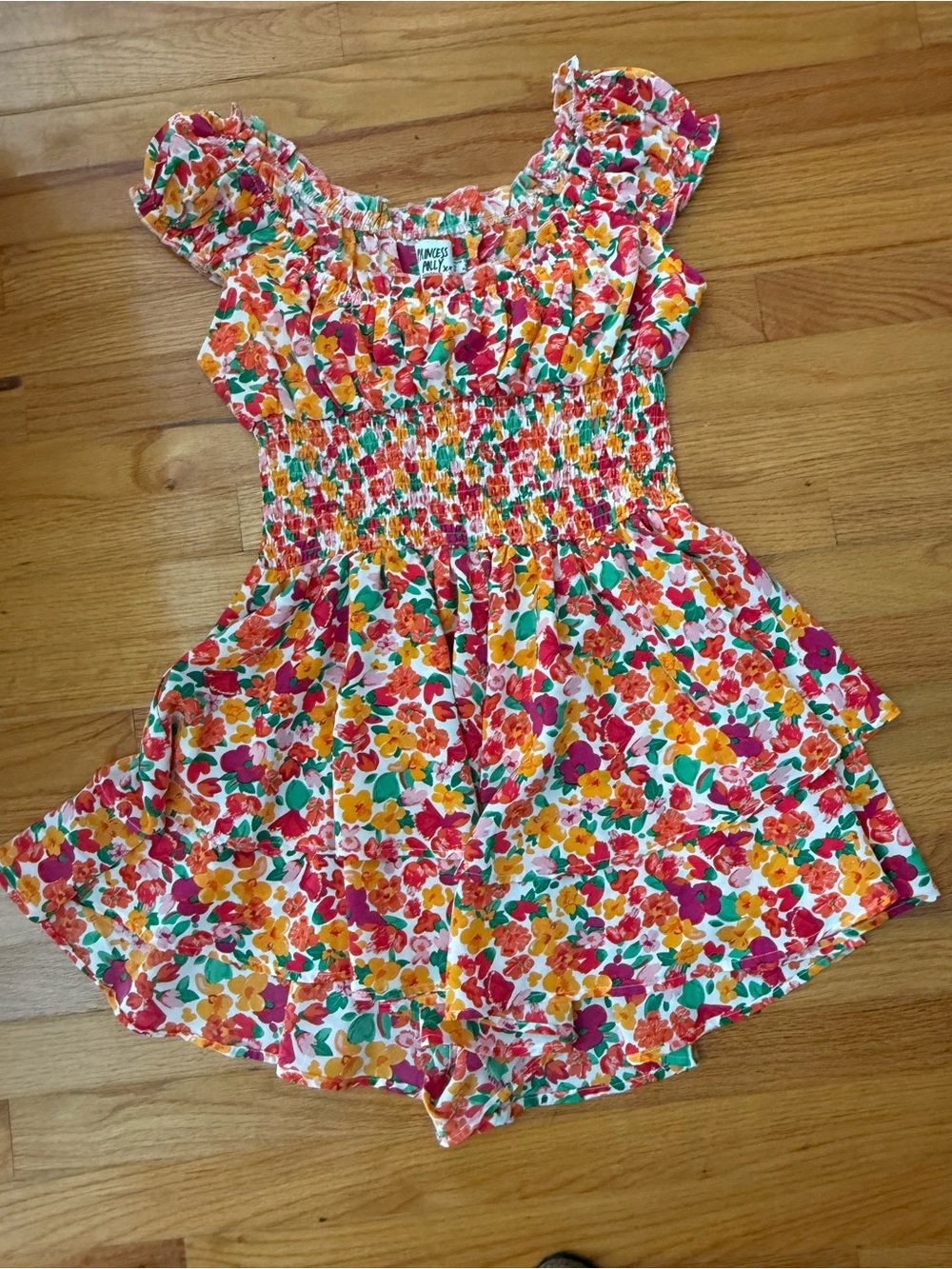 Princess Polly White Floral Smocked Romper with Pink, Orange & Green Flowers
